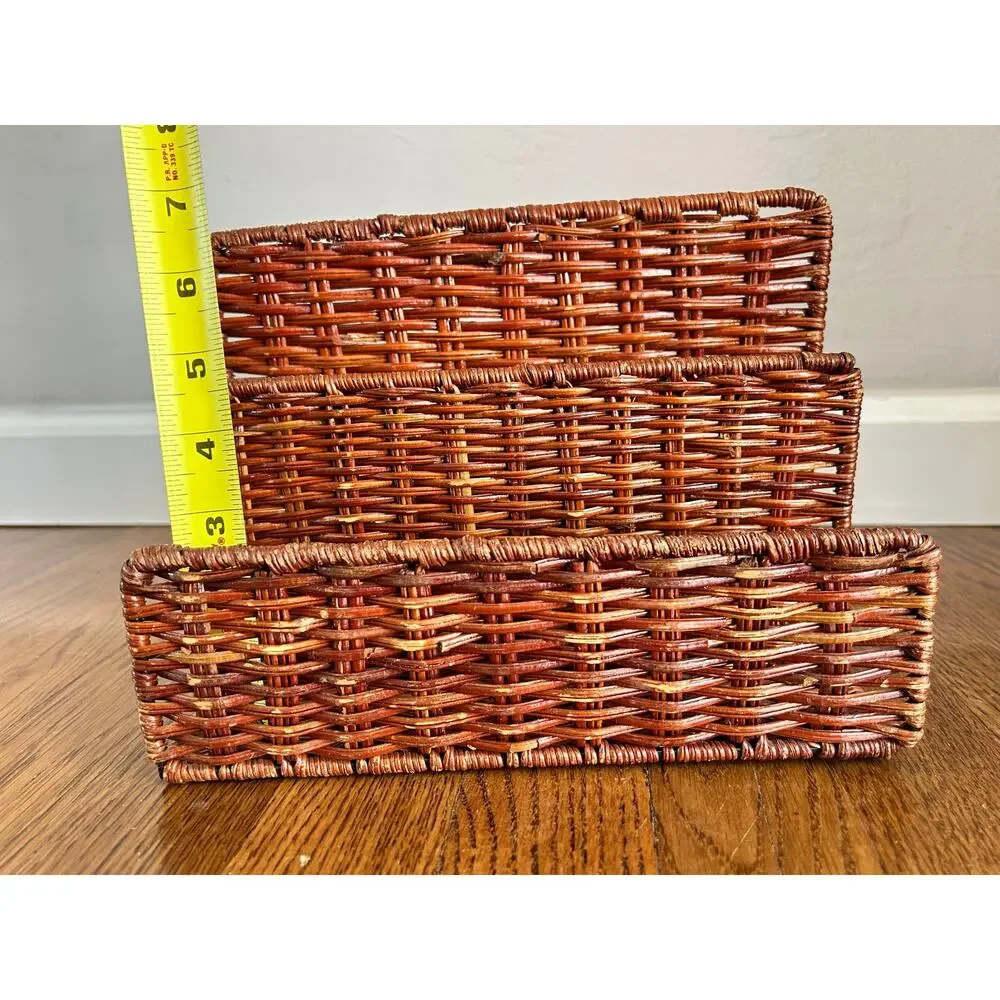 Vintage Woven Wicker Letter Rack | 3-Slot Rattan Mail & Magazine Organizer